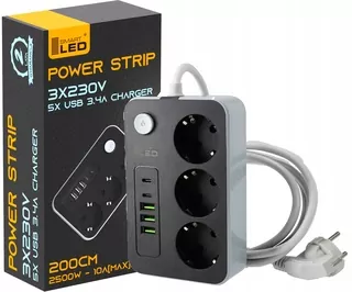 2 metrový napájací kábel 3 zásuvky 230 V a 5 USB portov